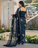 Rama Blue Georgette Foil Printed Lace Saree