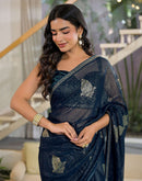 Rama Blue Georgette Foil Printed Lace Saree
