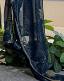 Rama Blue Georgette Foil Printed Lace Saree