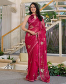 Rani Pink Georgette Foil Printed Lace Saree