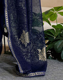 Navy Blue Georgette Foil Printed Lace Saree