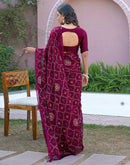 Dark Purple Chiffon Foil Printed Saree
