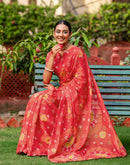 Vat Savitri Special Coral Red Linen Bandhani Printed Saree