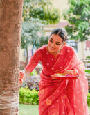Vat Savitri Special Coral Red Linen Bandhani Printed Saree