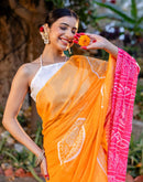 Vat Savitri Special Light Orange Linen Bandhani Printed Saree