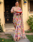 Vat Savitri Special Peach Linen Bandhani Printed Saree