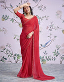 Red Georgette Printed Lace Saree