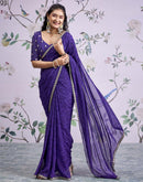 Dark Purple Georgette Bandhani Printed Lace Saree