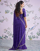 Dark Purple Georgette Bandhani Printed Lace Saree