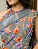 Ready To Wear Grey Linen Printed Saree