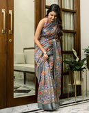 Ready To Wear Grey Linen Printed Saree