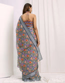 Ready To Wear Grey Linen Printed Saree
