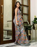 Ready To Wear Grey Linen Printed Saree