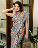 Ready To Wear Grey Linen Printed Saree