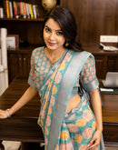 Ready To Wear Teal Blue Linen Printed Saree