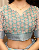 Ready To Wear Teal Blue Linen Printed Saree
