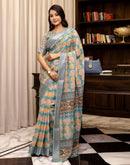 Ready To Wear Teal Blue Linen Printed Saree