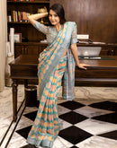 Ready To Wear Teal Blue Linen Printed Saree