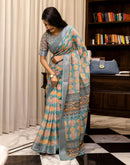 Ready To Wear Teal Blue Linen Printed Saree