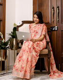 Ready To Wear Peach Linen Printed Saree