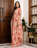 Ready To Wear Peach Linen Printed Saree