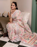 Ready To Wear Cream Linen Woven Border Printed Saree