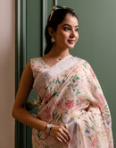 Ready To Wear Cream Linen Woven Border Printed Saree