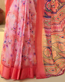 Ready To Wear Coral Red Georgette Floral Printed Saree