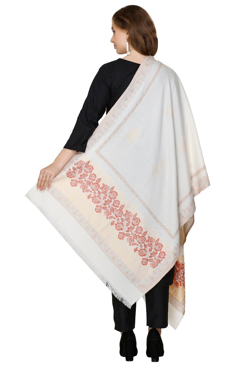 KRITI Floral Border Woollen White Color Stole For Girl