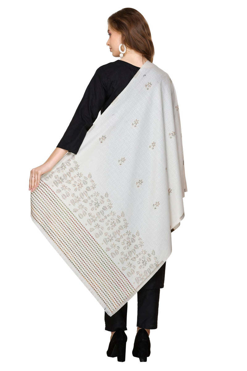 KRITI Floral Border Woollen White Color Stole For Girl