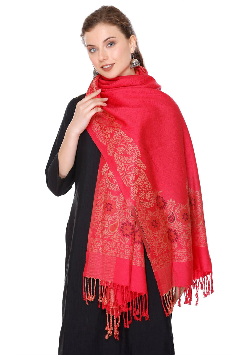 KRITI Floral Border Woollen Carrot Color Stole For Girl