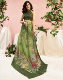 Ready To Wear Green Chanderi Embroidery Floral Printed Saree