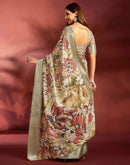 Ready To Wear Khaki Dola Silk Printed Saree