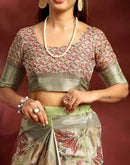 Ready To Wear Khaki Dola Silk Printed Saree