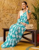 Ready To Wear Turquoise Georgette Floral Printed Saree