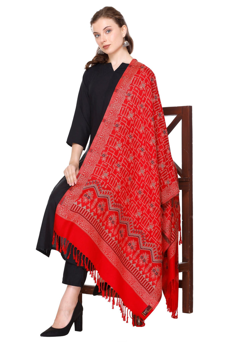 KRITI Geometric Design Woollen Red Color Stole For Girl