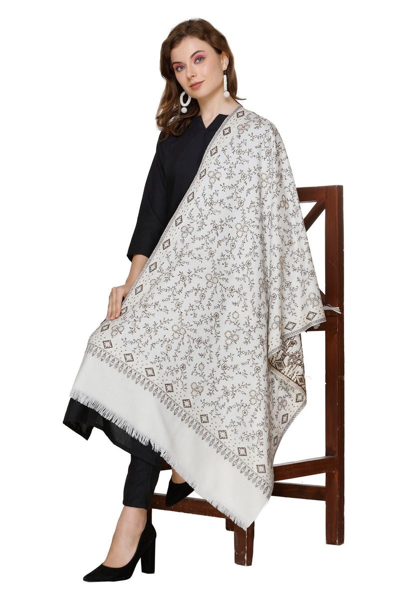 KRITI Floral Pattern Woollen White Color Stole For Girl