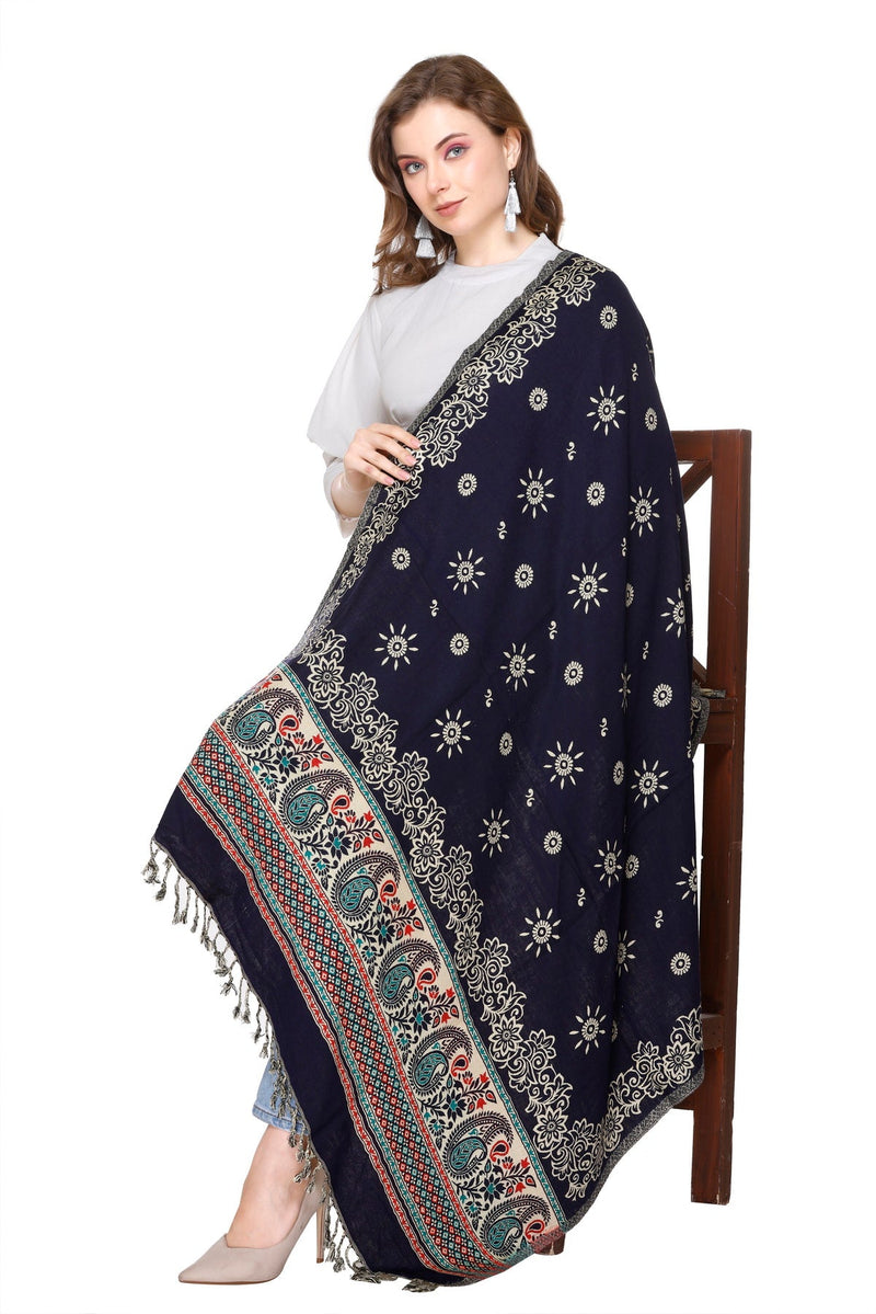 KRITI Floral Border Woollen Black Color Shawl For Women
