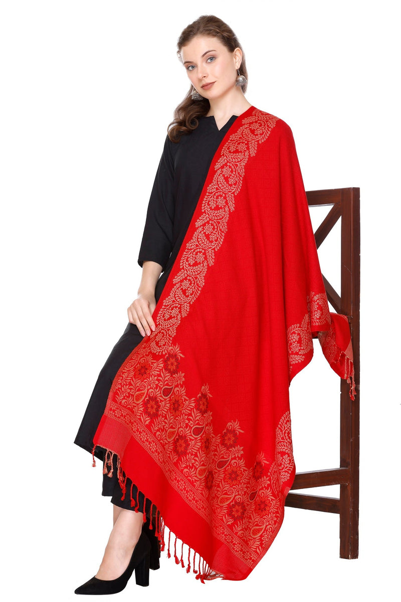 KRITI Floral Border Woollen Red Color Stole For Girl