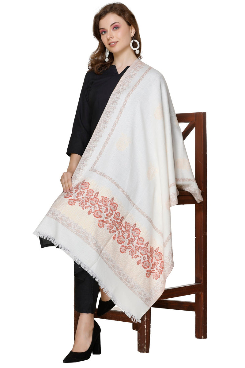 KRITI Floral Border Woollen White Color Stole For Girl