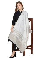 KRITI Floral Border Woollen White Color Stole For Girl