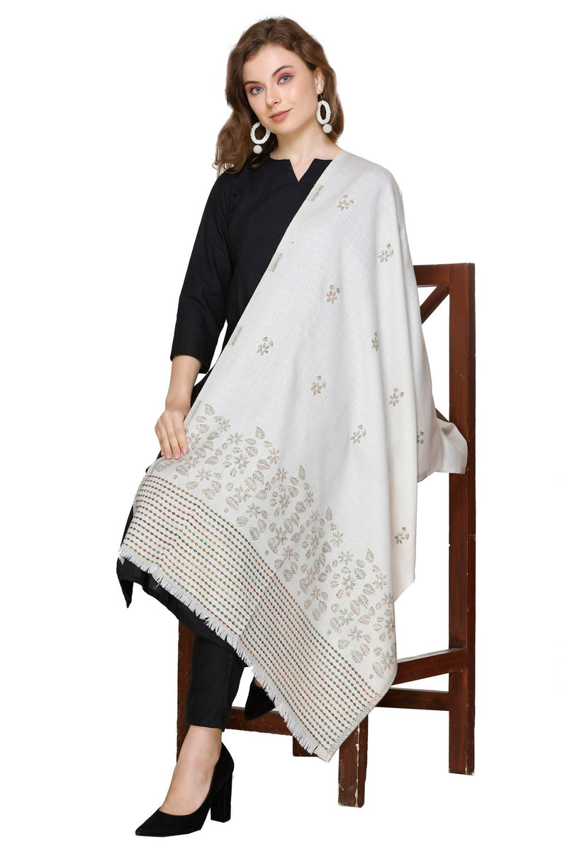 KRITI Floral Border Woollen White Color Stole For Girl