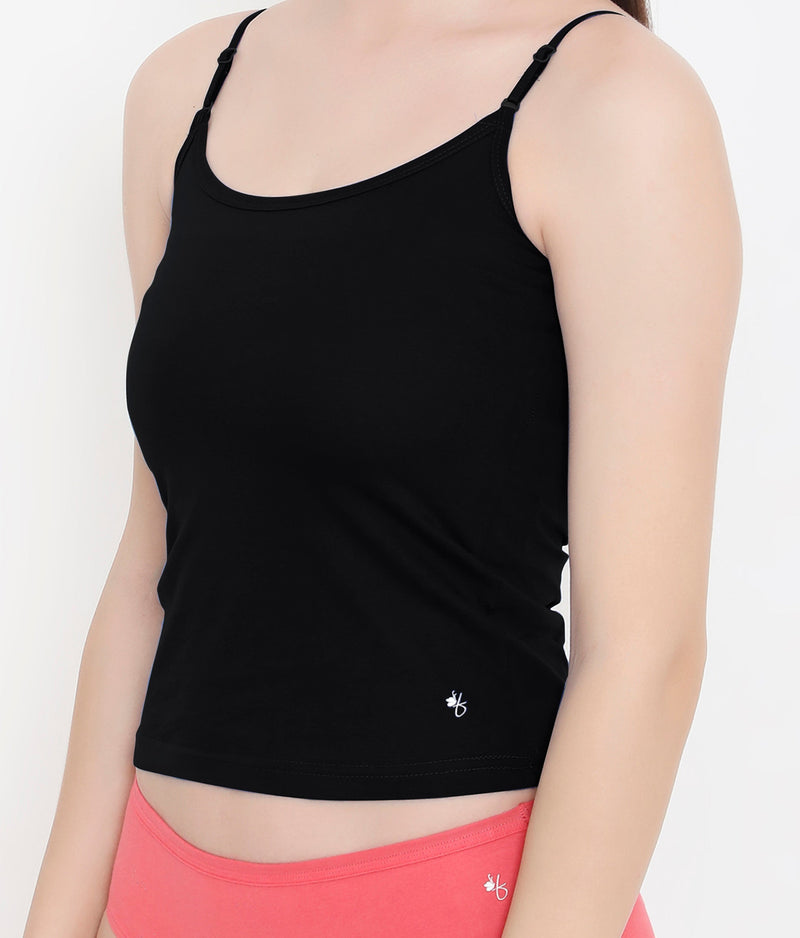 Solid Black 100% Soft Cotton Innerwear Camisole with Adjustable Straps for Women