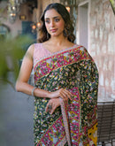 Dark Green Cotton Printed Saree