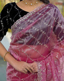 Pink Net Sequence Embroidery Saree
