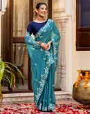 Dusty Teal Blue Shimmer Embroidery Saree