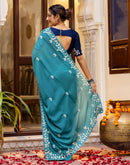 Dusty Teal Blue Shimmer Embroidery Saree