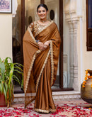 Brown Silk Sequence Embroidery Lace Saree