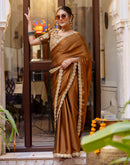 Brown Silk Sequence Embroidery Lace Saree