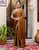 Brown Silk Sequence Embroidery Lace Saree